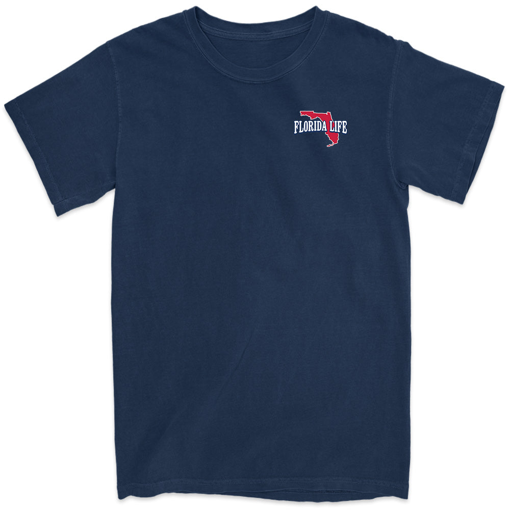 Tampa Florida State Flag T-Shirt Navy. Features a vivis big print of the Florida State Flag with Tampa on it. Front