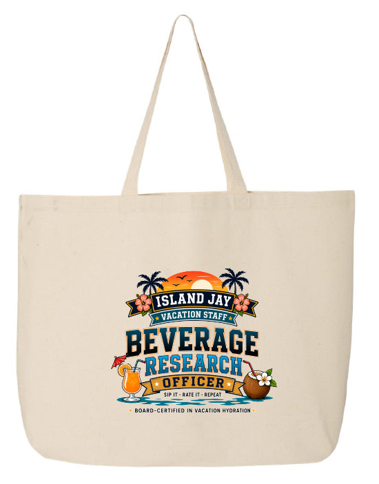 A natural canvas tote bag with a colorful graphic print that reads 'ISLAND JAY VACATION STAFF BEVERAGE RESEARCH OFFICER' with tropical illustrations, shown on a plain white background.