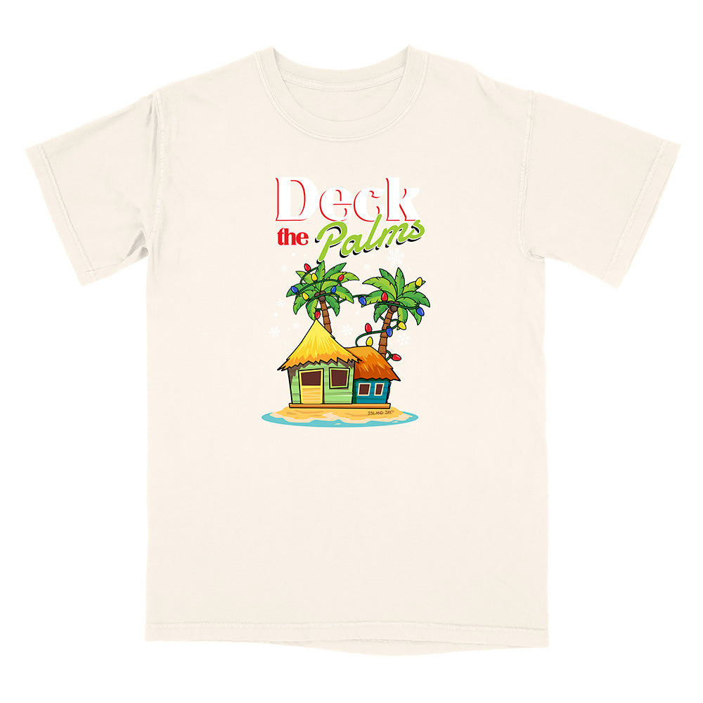 Off-white green t-shirt with a tropical hut and palm tree design with graphic text reading "Deck The Palms" on a white background