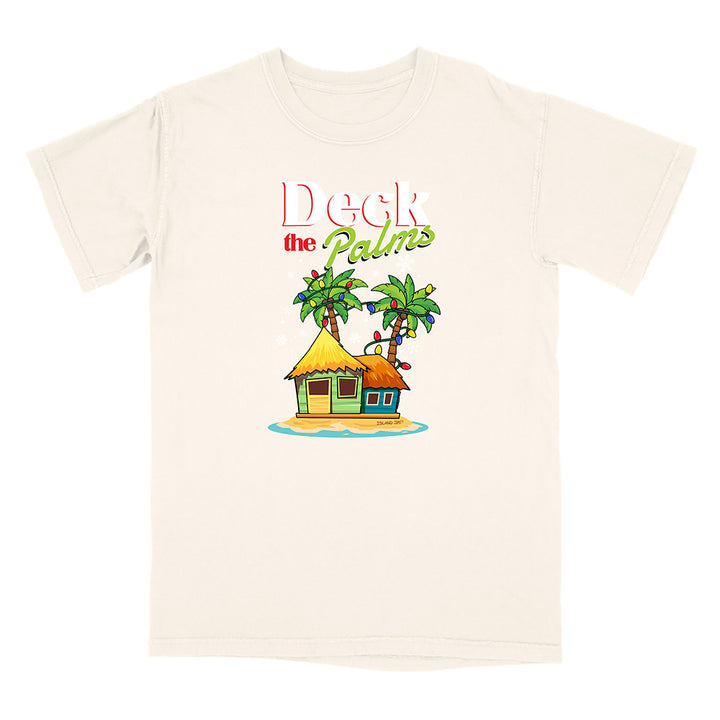 Off-white green t-shirt with a tropical hut and palm tree design with graphic text reading "Deck The Palms" on a white background