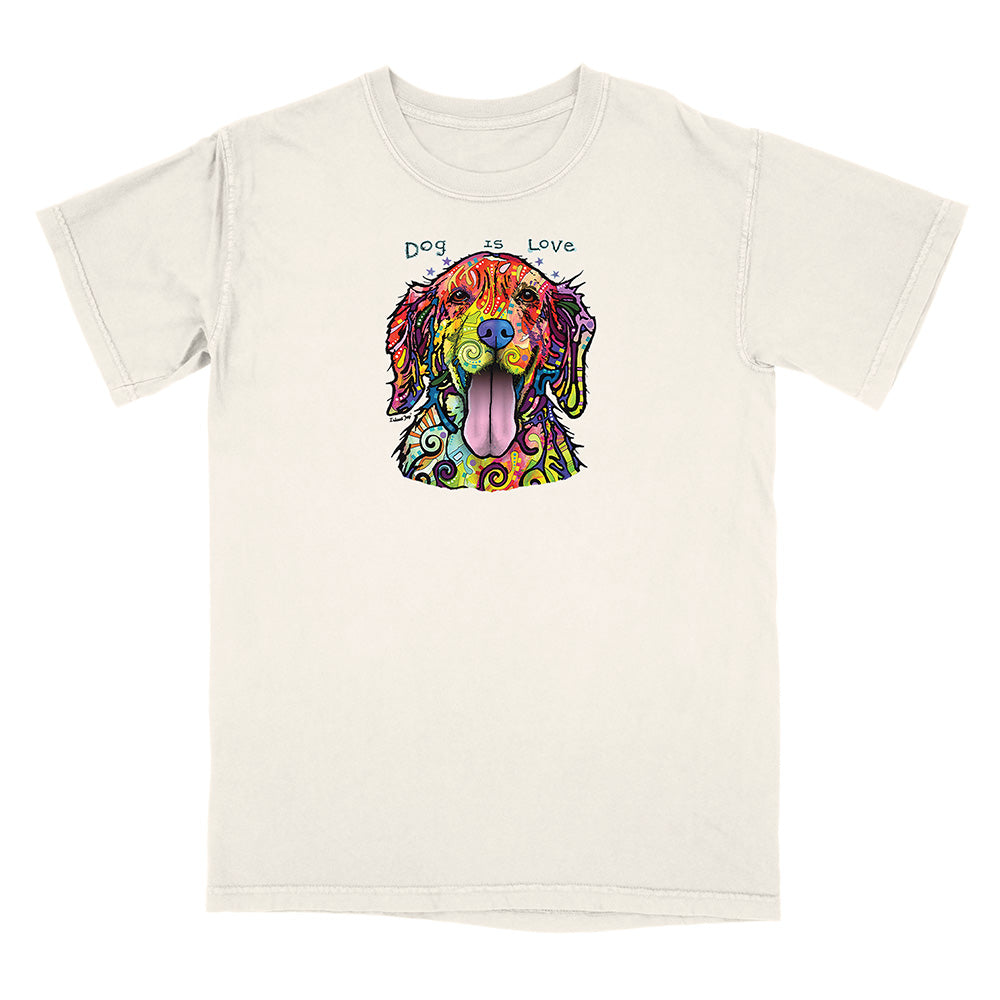 Beige t-shirt with a colorful dog illustration and 'Dog is Love' text on a white background