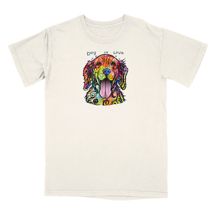 Beige t-shirt with a colorful dog illustration and 'Dog is Love' text on a white background