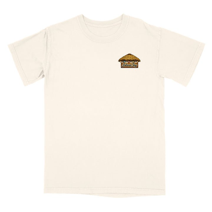 An off-white short-sleeve crewneck t-shirt with a small graphic on the left chest depicting a small hut with the text 'WELCOME TO MAMmothland'.