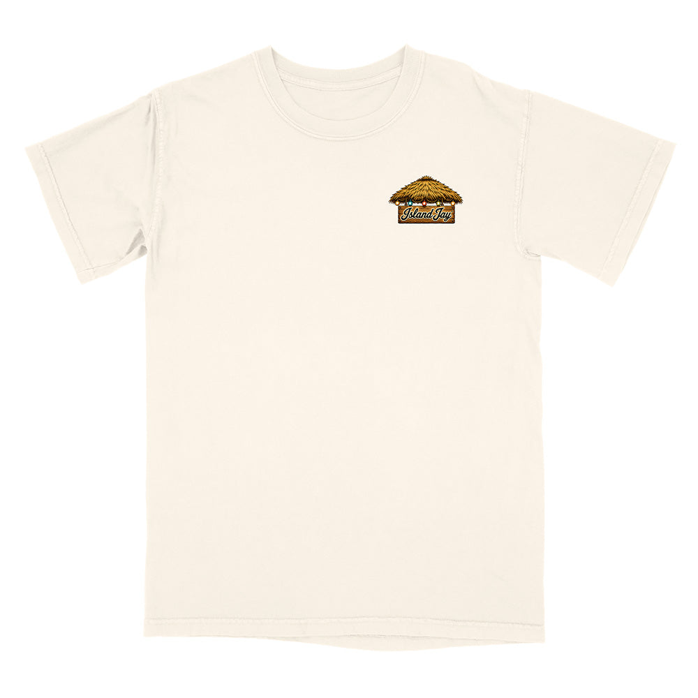 An off-white short-sleeve crewneck t-shirt with a small graphic on the left chest depicting a small hut with the text 'Island Jay'.