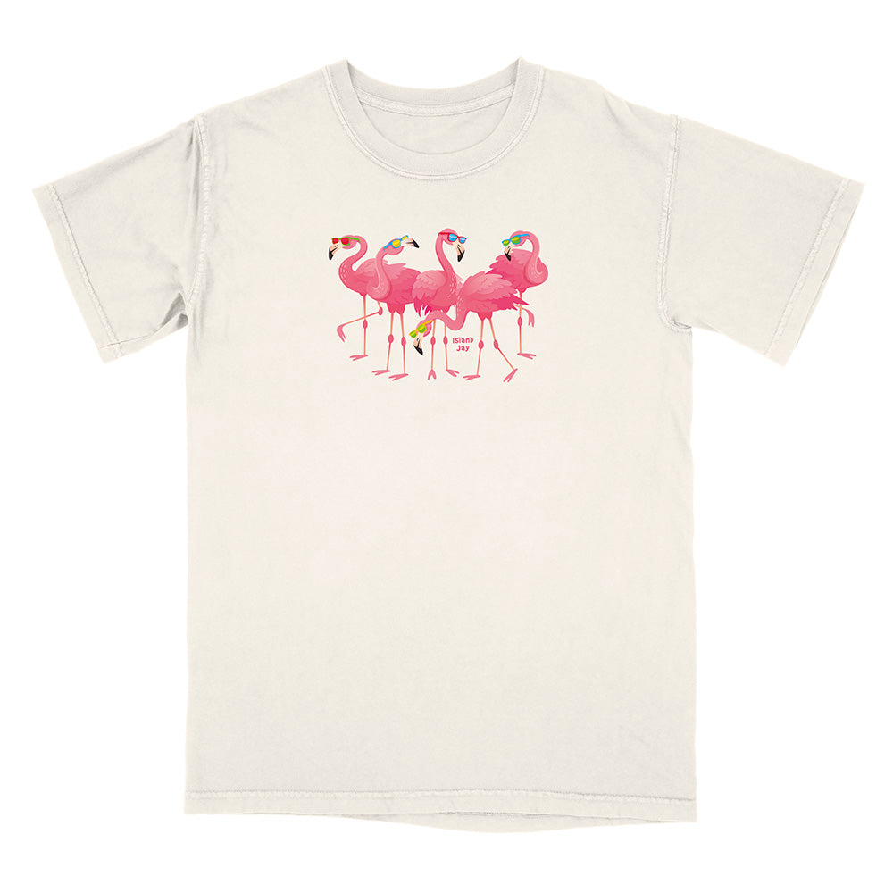 Beige t-shirt with pink flamingo design on a white background