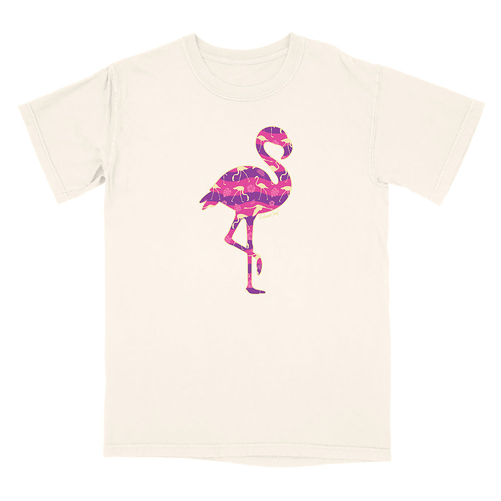 Beige t-shirt with a pink flamingo design on a white background.