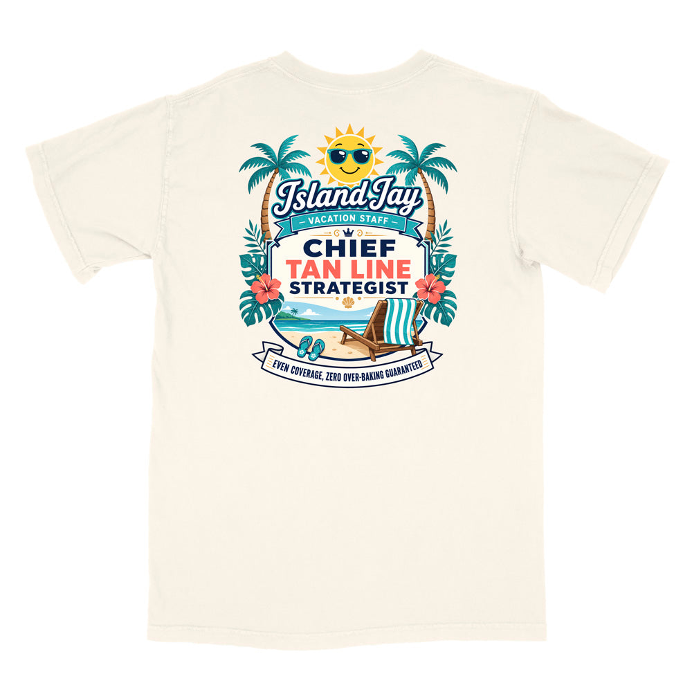 An off-white short-sleeve t-shirt with a colorful graphic on the back. The graphic features a cartoon sun wearing sunglasses, palm trees, tropical leaves, a beach chair, and text that reads 'IslandJay Vacation Staff x CHIEF TAN LINE STRATEGIST' with a beach slogan below.