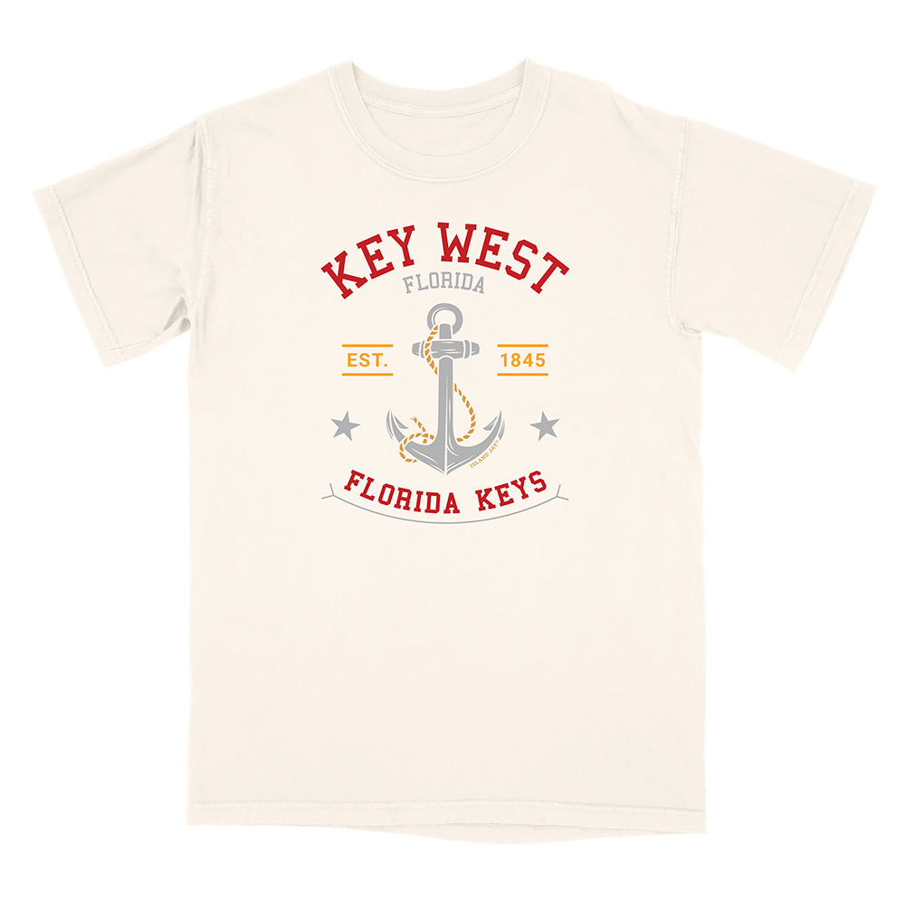 Beige t-shirt with Key West, Florida graphic design on a white background