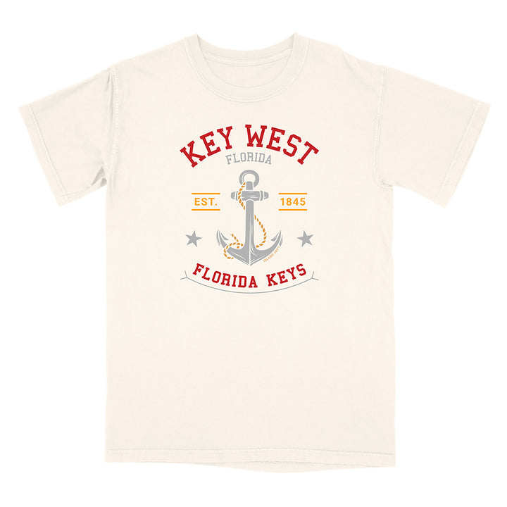Beige t-shirt with Key West, Florida graphic design on a white background