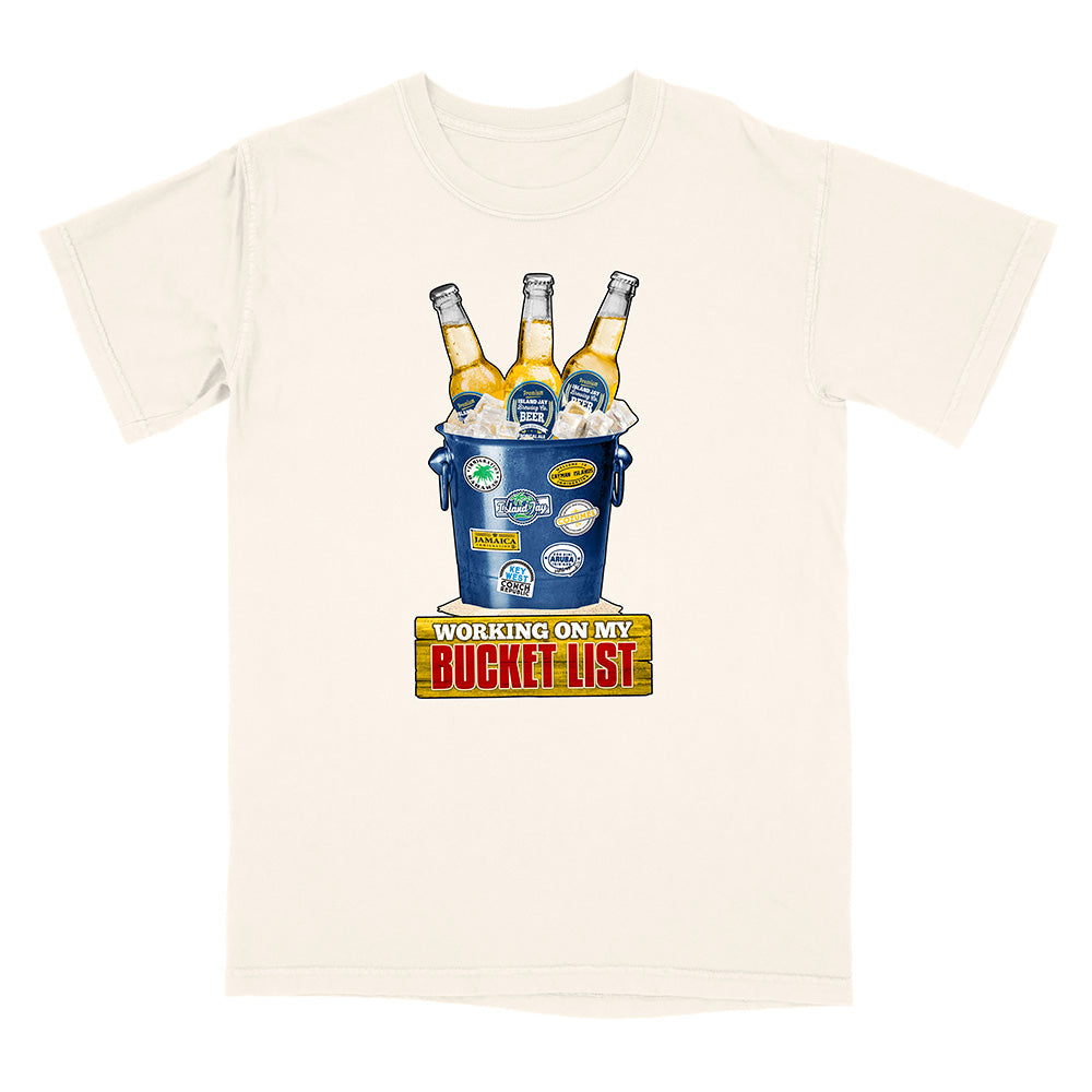 White t-shirt with a graphic of a bucket of beer and 'Working on my Bucket List' text.