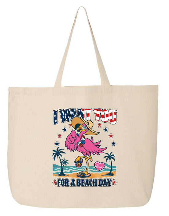 Beige tote bag with a flamingo graphic and text on a white background