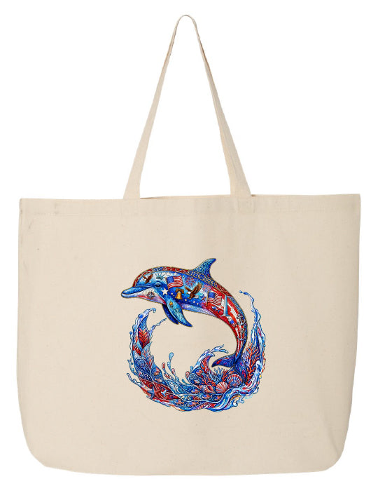 Tote bag with a colorful dolphin design on a white background