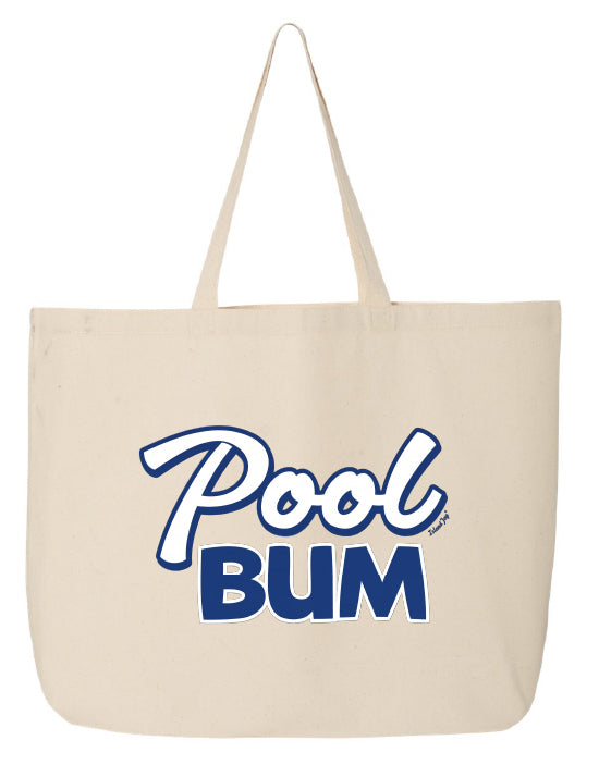 Beige tote bag with 'Pool Bum' text in blue on a white background