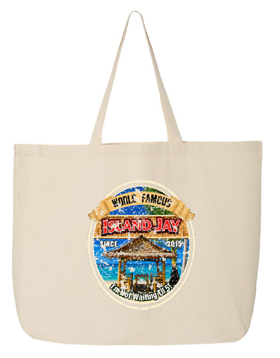 A natural canvas tote bag featuring a circular graphic print on the front with the text 'World Famous Island Jay' and a beach scene illustration.