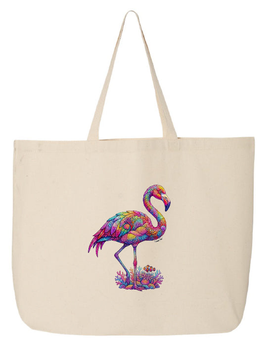 Tote bag with a colorful flamingo design on a white background