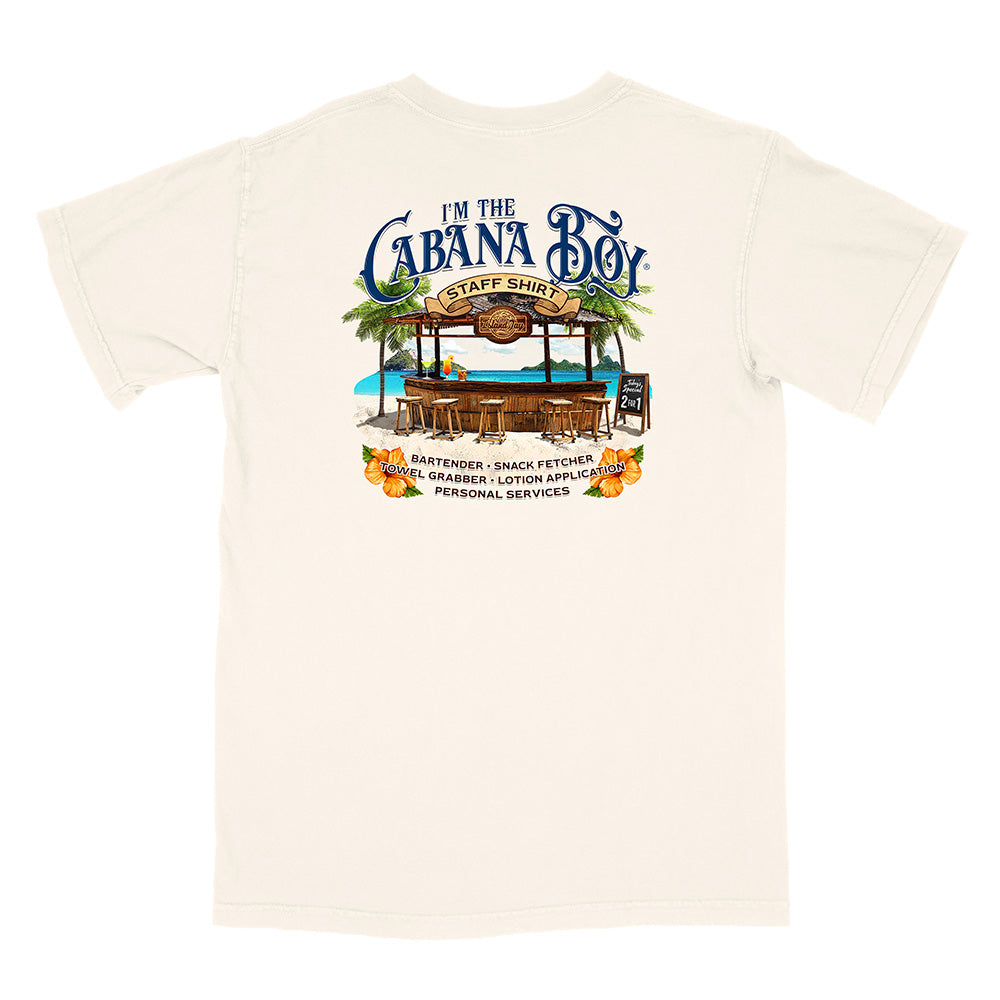 Beige t-shirt with 'I'm the Cabana Boy Staff Shirt' graphic on a white background