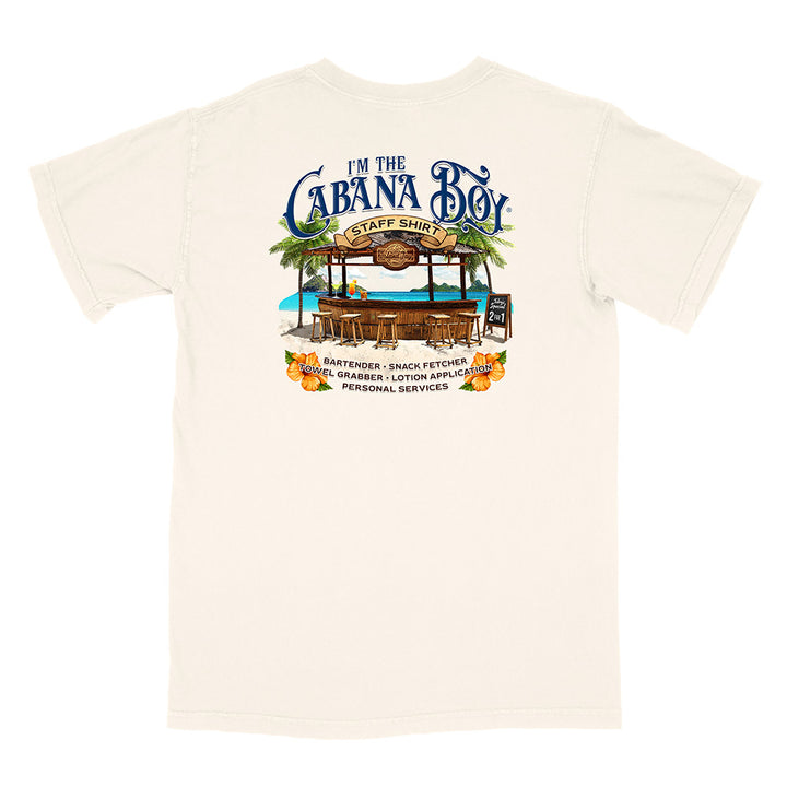 Beige t-shirt with 'I'm the Cabana Boy Staff Shirt' graphic on a white background