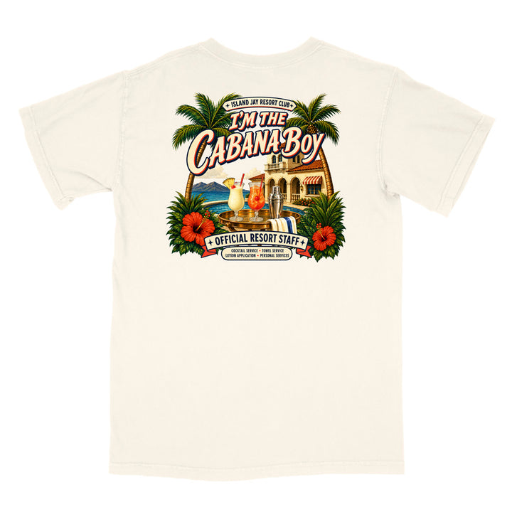 A white short-sleeve crewneck t-shirt featuring a colorful graphic print on the front. The graphic includes palm trees, red hibiscus flowers, a resort building, cocktails, and the text 'I'm the Cabana Boy' and 'Official Resort Staff'.