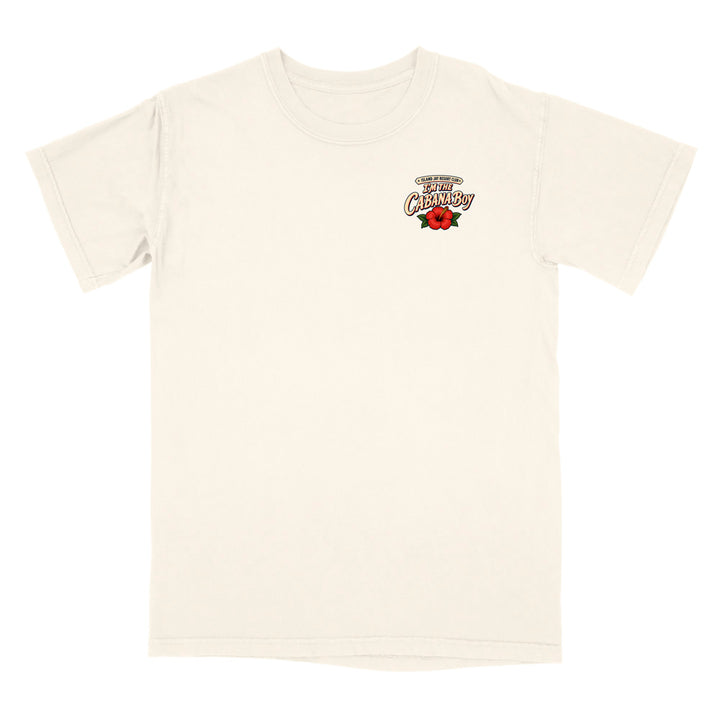 An off-white short-sleeve crewneck t-shirt with a small graphic on the left chest featuring the text 'The Best Champion' and a red rose, displayed on a solid white background.