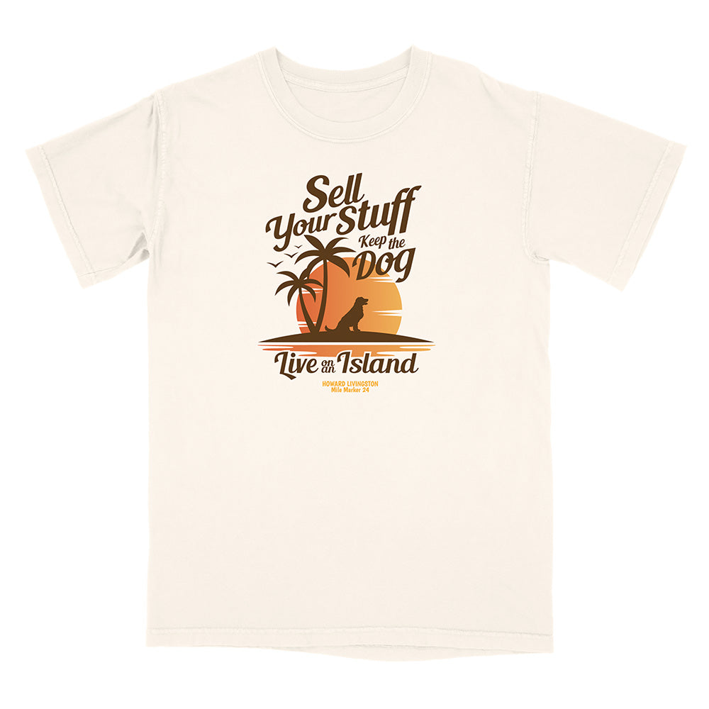 Beige t-shirt with a graphic design featuring palm trees and text on a white background