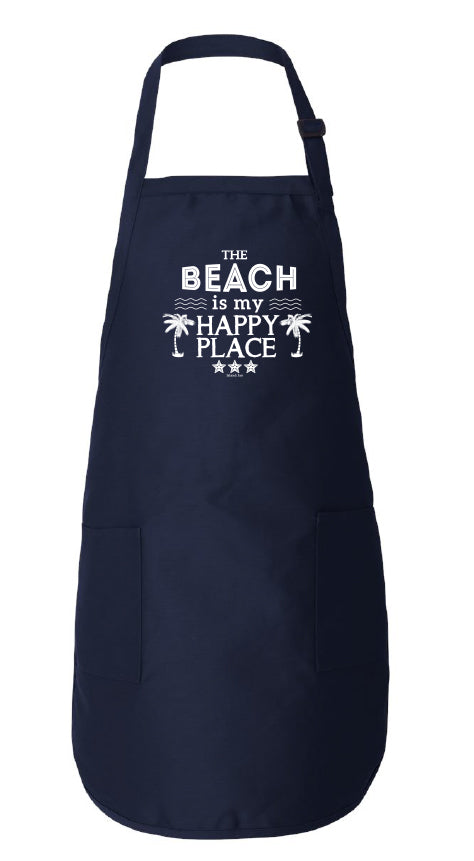 Navy apron with 'The Beach is my Happy Place' text on a white background