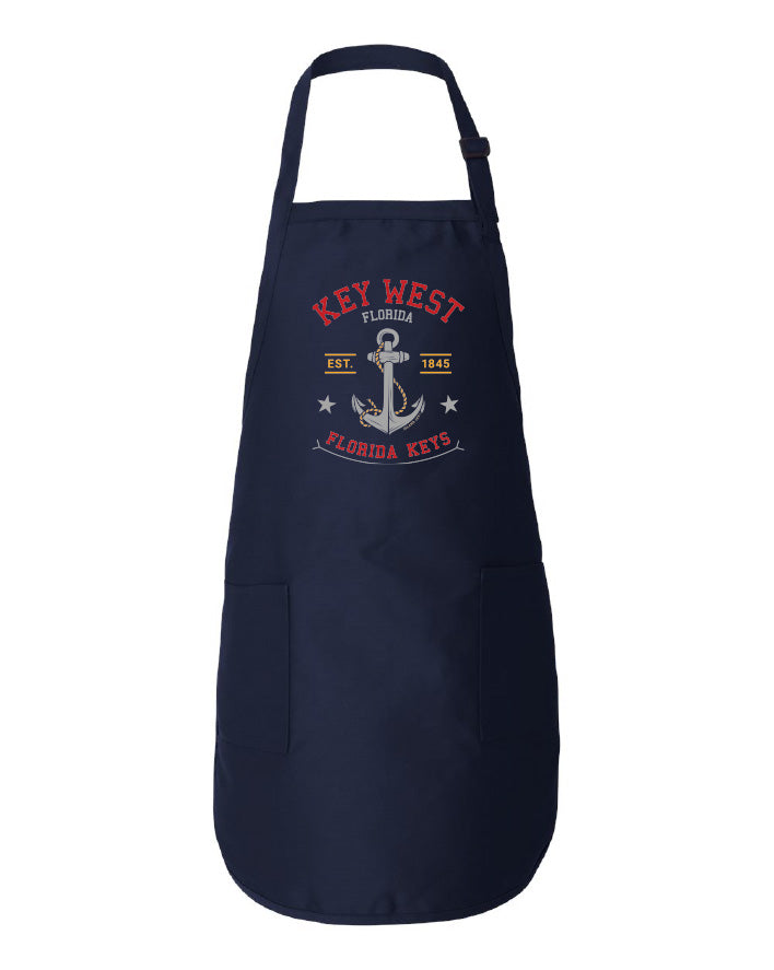 Navy apron with 'Key West, Florida Keys' design on a white background