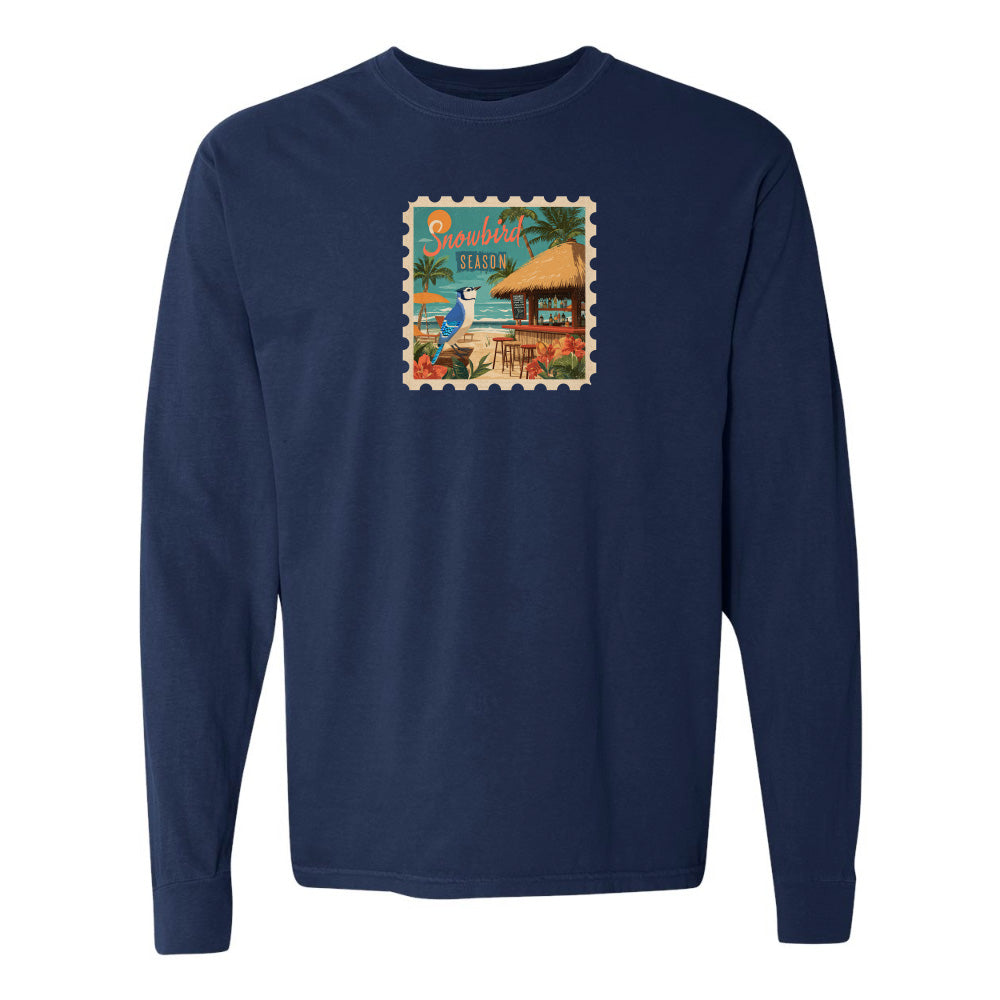 Navy blue long-sleeve shirt with a tropical graphic on a white background