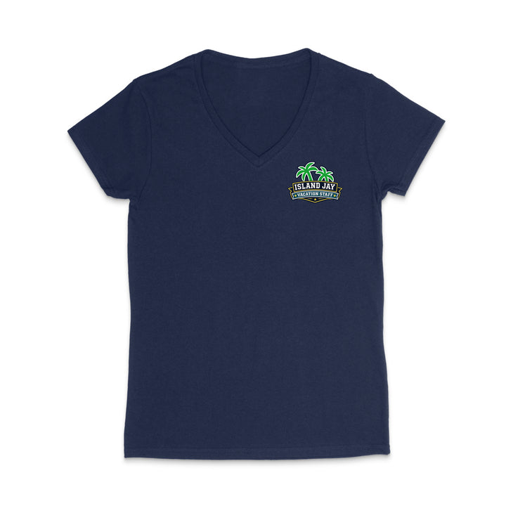 A navy women's short-sleeve V-neck t-shirt with a small colorful graphic on the left chest featuring palm trees and the text 'Island Jay Vacation Staff'.