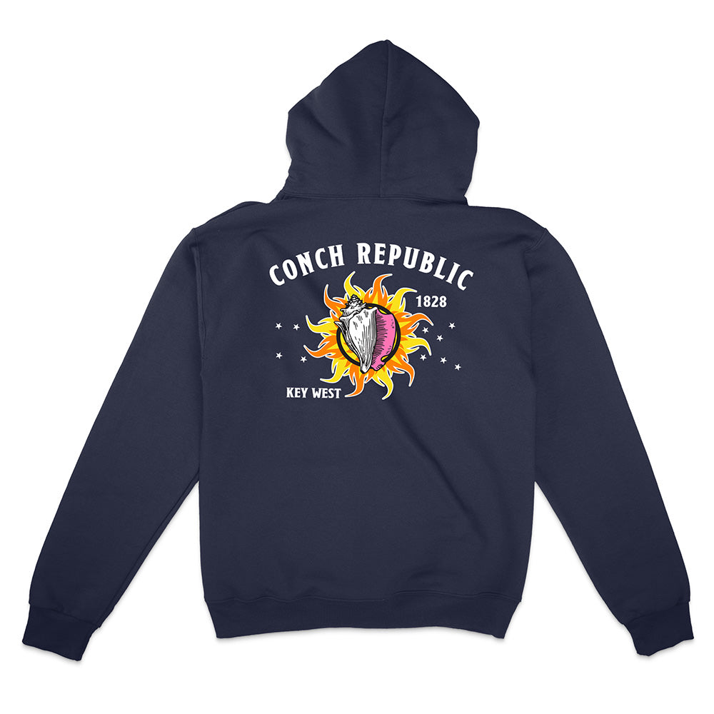 Navy Hoodie with Key West Flag Graphic text reading "Conch Republic Key West 1828" on a white background.