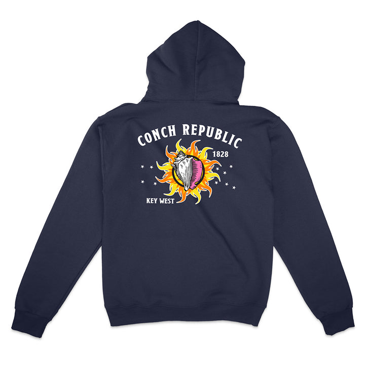 Navy Hoodie with Key West Flag Graphic text reading "Conch Republic Key West 1828" on a white background.