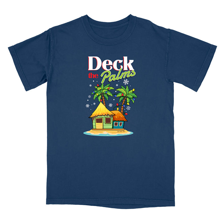 Navy blue t-shirt with a tropical hut and palm tree design with graphic text reading "Deck The Palms" on a white background