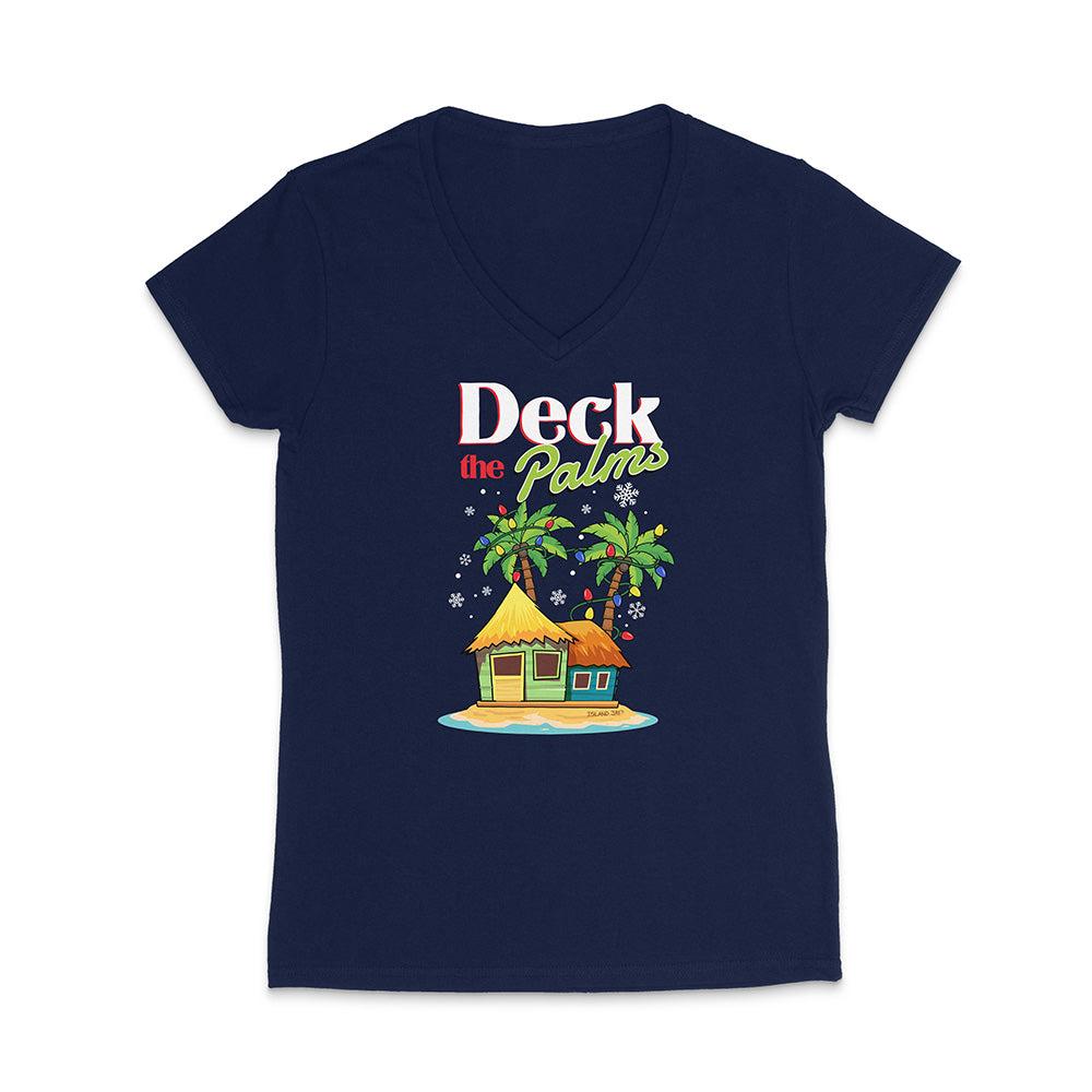 Navy blue t-shirt with a tropical hut and palm trees graphic and 'Deck the Palms' text on a white background.