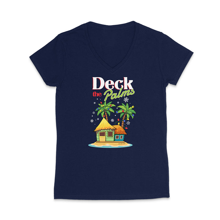 Navy blue t-shirt with a tropical hut and palm trees graphic and 'Deck the Palms' text on a white background.