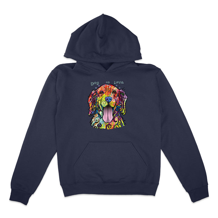 Navy blue hoodie with a colorful dog graphic on a white background