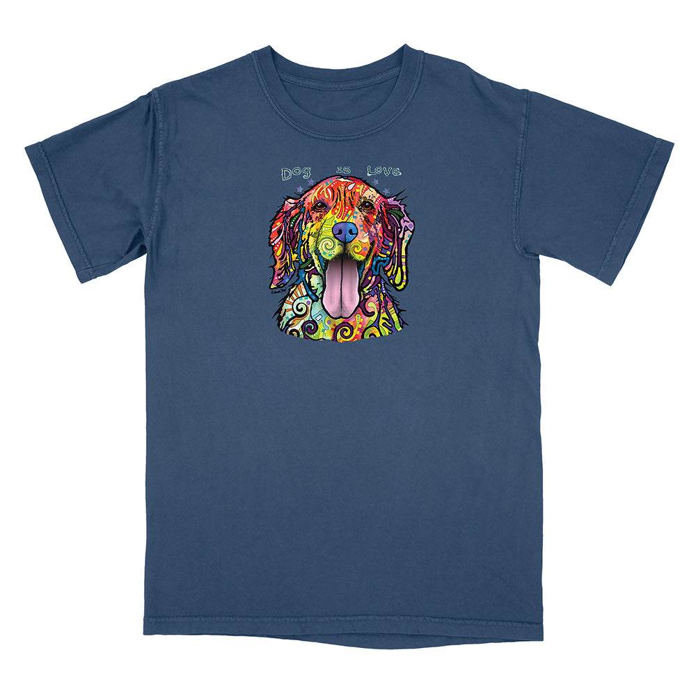 Blue t-shirt with a colorful dog graphic and text on a white background