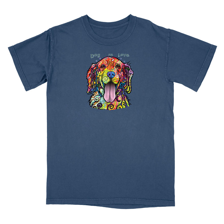 Blue t-shirt with a colorful dog graphic and text on a white background
