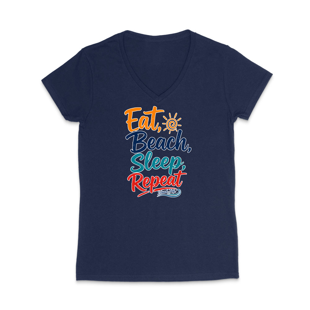 A navy blue women's V-neck t-shirt with a colorful retro-style graphic on the chest that reads 'Eat, Beach, Sleep, Repeat' in orange, light blue, and red lettering, displayed on a clean white background.