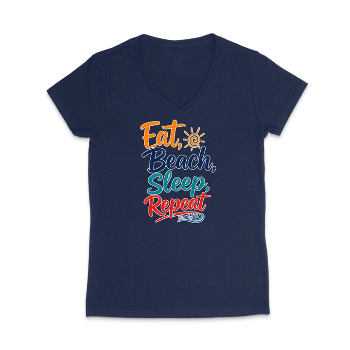 A navy blue women's V-neck t-shirt with a colorful retro-style graphic on the chest that reads 'Eat, Beach, Sleep, Repeat' in orange, light blue, and red lettering, displayed on a clean white background.