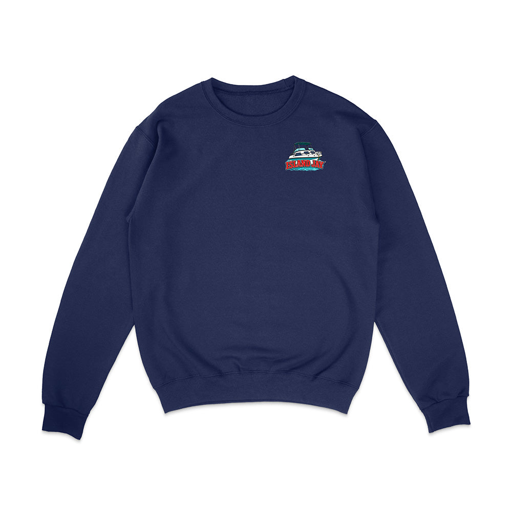 A navy blue crewneck sweatshirt with a small colorful graphic on the left chest, displayed flat against a plain white background.