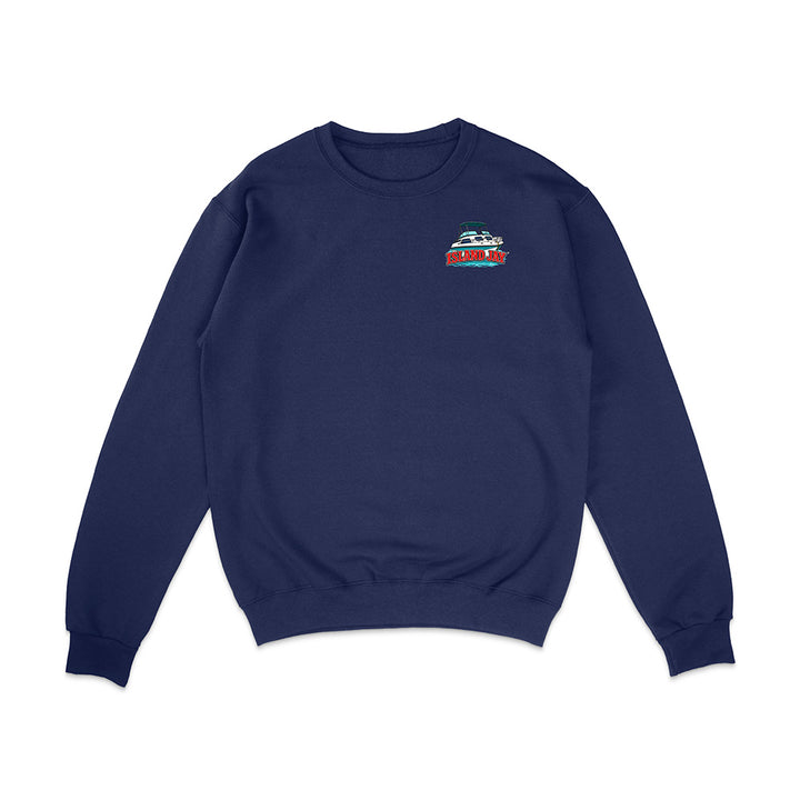 A navy blue crewneck sweatshirt with a small colorful graphic on the left chest, displayed flat against a plain white background.