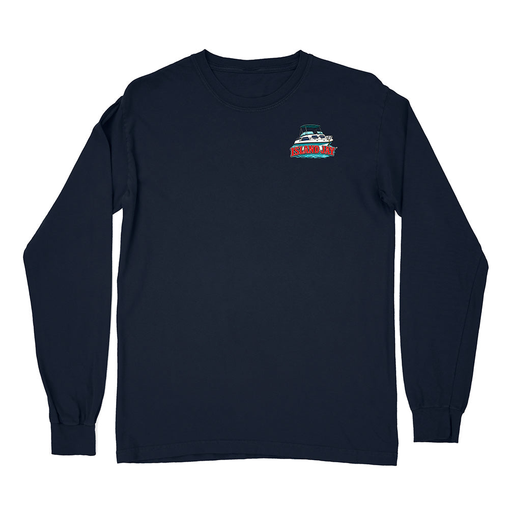 A navy blue long-sleeve crewneck t-shirt with a small graphic of a sailboat and the word 'SAILOR' printed on the left chest, displayed on a clean white background.
