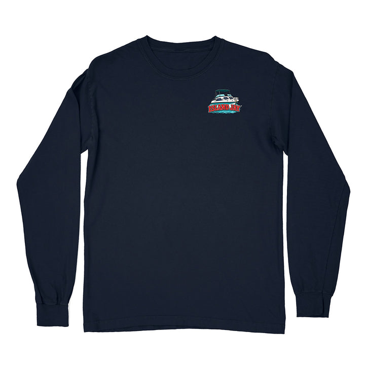A navy blue long-sleeve crewneck t-shirt with a small graphic of a sailboat and the word 'SAILOR' printed on the left chest, displayed on a clean white background.