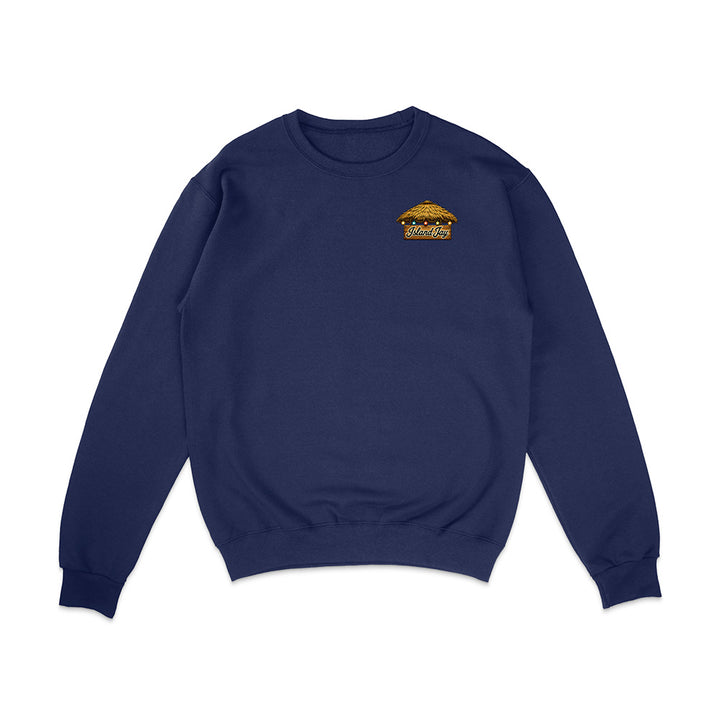 A navy blue crewneck sweatshirt with a small embroidered graphic on the left chest depicting a burger with the text 'Burger Bros'. The sweatshirt is displayed flat against a clean white background.