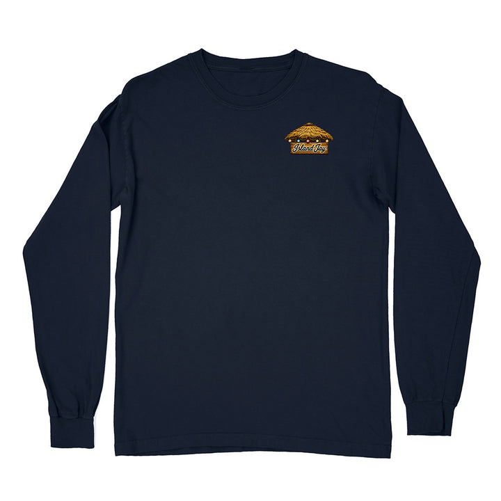 A navy blue long-sleeve crewneck t-shirt with a small graphic on the left chest depicting a beach cabana and the text 'SUNSHINE BEACH'.