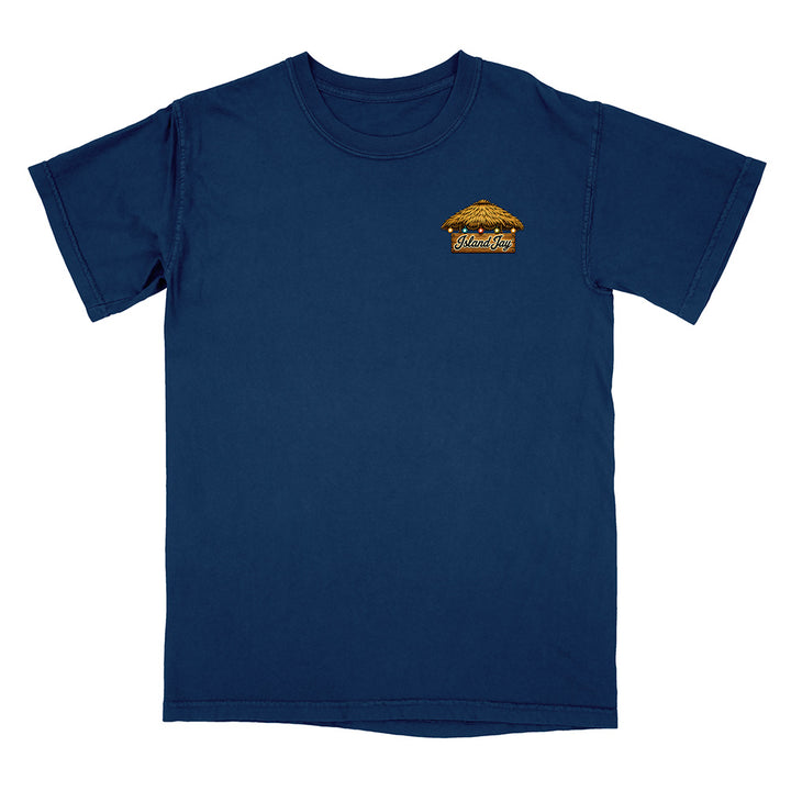 A navy blue short-sleeve crewneck t-shirt with a small embroidered graphic on the left chest depicting a golden-brown hamburger with the word 'Hamburgers' written below in white.