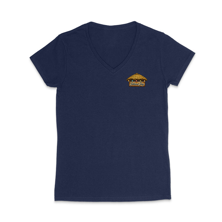 A navy blue women's V-neck t-shirt with a small graphic on the left chest depicting a burger with the text 'Burger Night' in a retro font, shown against a plain white background.