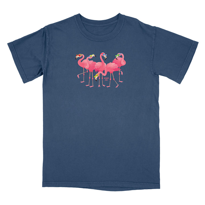Navy blue t-shirt with pink flamingo graphic on a white background