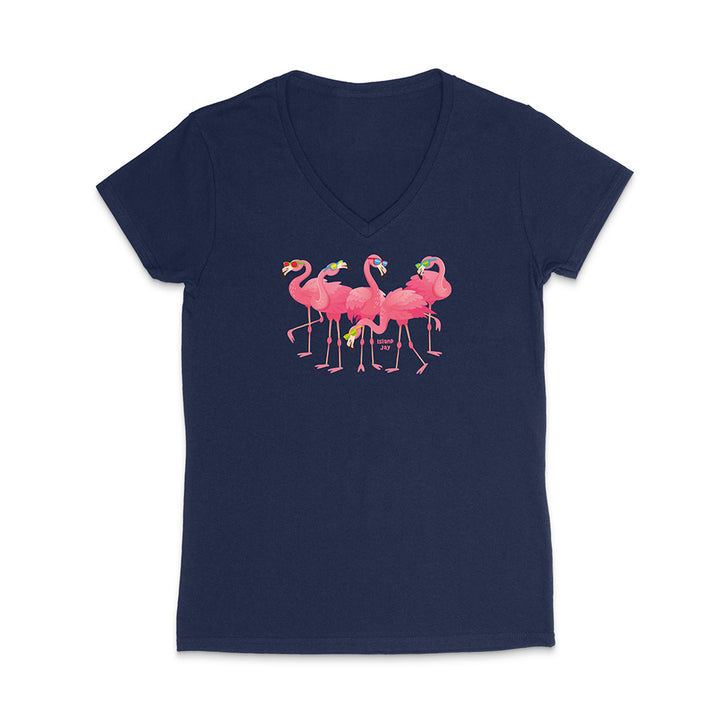 Navy blue t-shirt with pink flamingo design on a white background