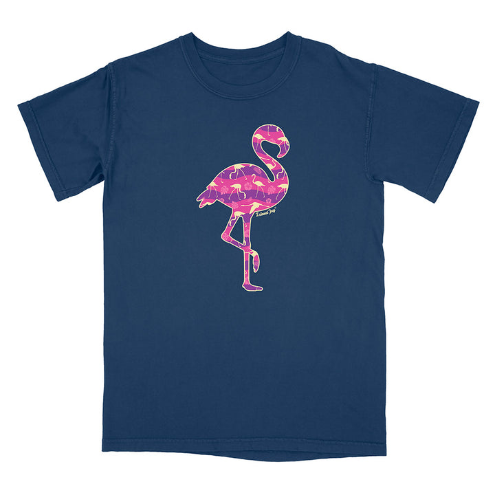 Navy t-shirt with a pink flamingo design on a white background.
