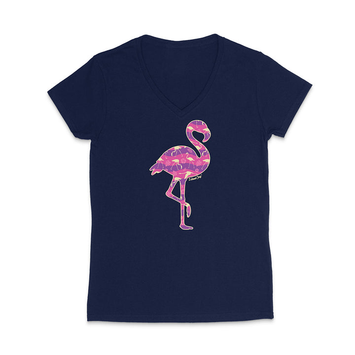 Navy v-neck t-shirt with a colorful flamingo design on a white background
